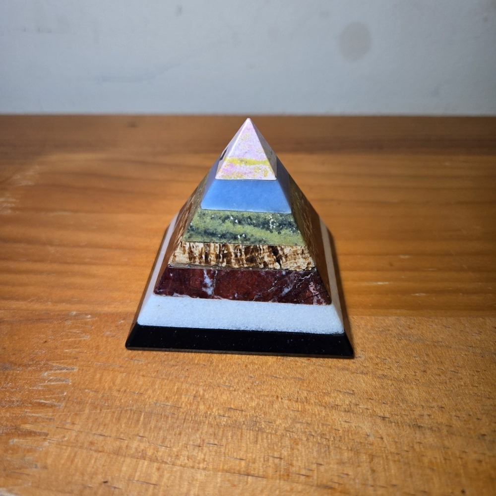 7 Layer Chakra Gemstone Pyramid Crystal Multicolor Stone Paperweight 2.5"